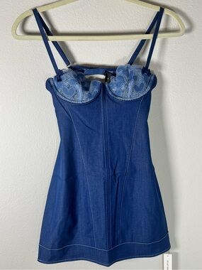 For Love & Lemons Denim Hearts Corset Mini Dress NWT XS